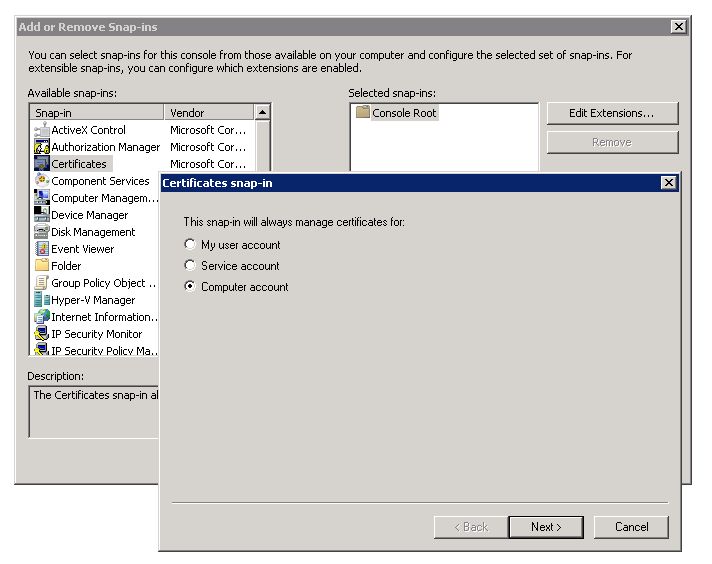 Certificate Manager Computer Account